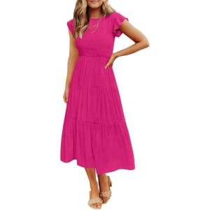 ZESICA Women’s 2026 Summer Casual Flutter Short Sleeve Crew Neck Smocked Elastic Waist Tiered Midi Dress(Rose)