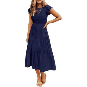 ZESICA Women’s 2026 Summer Casual Flutter Short Sleeve Crew Neck Smocked Elastic Waist Tiered Midi Dress(Royal Blue)