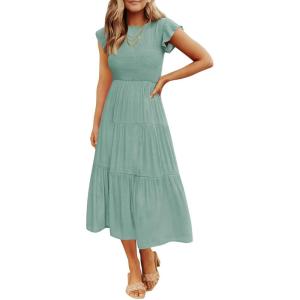 ZESICA Women’s 2026 Summer Casual Flutter Short Sleeve Crew Neck Smocked Elastic Waist Tiered Midi Dress(Sage)