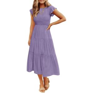 ZESICA Women’s 2026 Summer Casual Flutter Short Sleeve Crew Neck Smocked Elastic Waist Tiered Midi Dress(Violet)