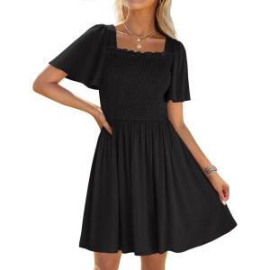 ZESICA Women’s 2026 Summer Casual Mini Dress Flutter Short Sleeve Square Neck Smocked Tiered Ruffle Flowy Dresses(Black)