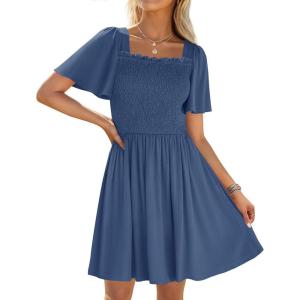ZESICA Women’s 2026 Summer Casual Mini Dress Flutter Short Sleeve Square Neck Smocked Tiered Ruffle Flowy Dresses(Dustyblue)