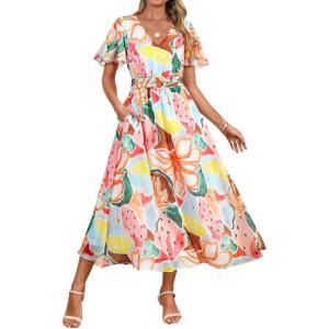 ZESICA Women’s 2026 Summer Floral V Neck Midi Dress Boho Short Sleeve High Waist Flowy Beach Vacation Dresses with Belt(Blue Pink)
