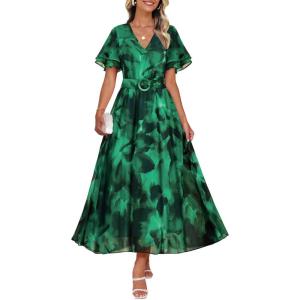 ZESICA Women’s 2026 Summer Floral V Neck Midi Dress Boho Short Sleeve High Waist Flowy Beach Vacation Dresses with Belt(Darkgreen)