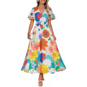 ZESICA Women’s 2026 Summer Floral V Neck Midi Dress Boho Short Sleeve High Waist Flowy Beach Vacation Dresses with Belt(Orangeyellow)