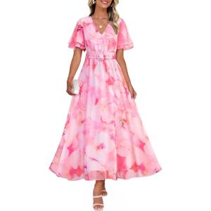 ZESICA Women’s 2026 Summer Floral V Neck Midi Dress Boho Short Sleeve High Waist Flowy Beach Vacation Dresses with Belt(Pink)