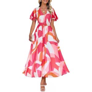 ZESICA Women’s 2026 Summer Floral V Neck Midi Dress Boho Short Sleeve High Waist Flowy Beach Vacation Dresses with Belt(Rose)
