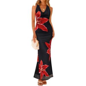 ZESICA Women’s 2026 Summer Halter Neck Floral Print Maxi Dress Sleeveless Backless Wedding Guest Party Bodycon Long Dresses(Black)