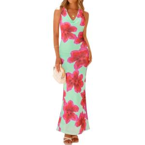 ZESICA Women’s 2026 Summer Halter Neck Floral Print Maxi Dress Sleeveless Backless Wedding Guest Party Bodycon Long Dresses(Light Green)