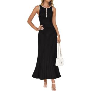 ZESICA Womens 2026 Summer Long Maxi Dress Sleeveless Crew Neck Hollow Out Pleated Ribbed Knit Swing Tank Dresses(Black)