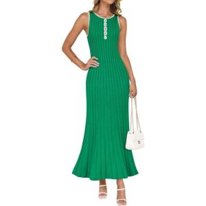 ZESICA Womens 2026 Summer Long Maxi Dress Sleeveless Crew Neck Hollow Out Pleated Ribbed Knit Swing Tank Dresses(Green)