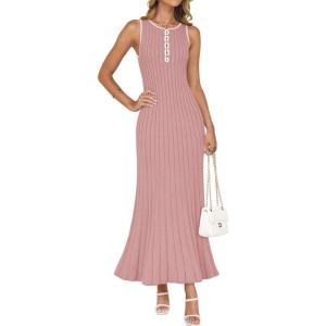 ZESICA Womens 2026 Summer Long Maxi Dress Sleeveless Crew Neck Hollow Out Pleated Ribbed Knit Swing Tank Dresses(Pink)