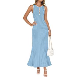 ZESICA Womens 2026 Summer Long Maxi Dress Sleeveless Crew Neck Hollow Out Pleated Ribbed Knit Swing Tank Dresses(Sky)