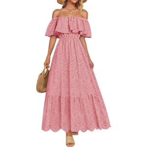 ZESICA Women’s 2026 Summer Off Shoulder Ruffle Midi Dress Short Sleeve High Waist Hollow Out Embroidery Party Dresses(Light Pink)