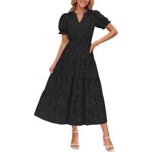ZESICA Womens 2026 Summer Puff Short Sleeve Midi Dress Floral V Neck Textured Ruffle Flowy Beach Party Dresses(Black)