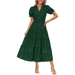 ZESICA Womens 2026 Summer Puff Short Sleeve Midi Dress Floral V Neck Textured Ruffle Flowy Beach Party Dresses(Green)