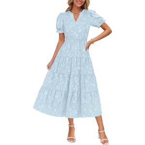 ZESICA Womens 2026 Summer Puff Short Sleeve Midi Dress Floral V Neck Textured Ruffle Flowy Beach Party Dresses(Sky)