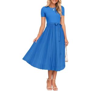 ZESICA Womens 2026 Summer Short Sleeve Midi Dresses Casual Crew Neck Knit Belted Pleated A Line Flowy Wedding Guest Dress(Cobalt Blue)
