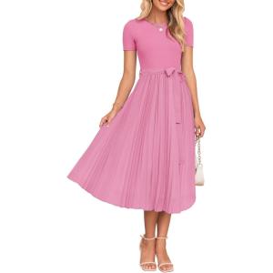 ZESICA Womens 2026 Summer Short Sleeve Midi Dresses Casual Crew Neck Knit Belted Pleated A Line Flowy Wedding Guest Dress(Pink)