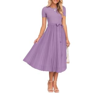 ZESICA Womens 2026 Summer Short Sleeve Midi Dresses Casual Crew Neck Knit Belted Pleated A Line Flowy Wedding Guest Dress(Purple)