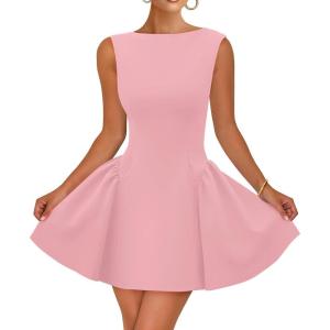 ZESICA Women’s 2026 Summer Sleeveless Cocktail Mini Dress Boat Neck Backless Swing A Line Wedding Club Party Short Dresses(Pink)