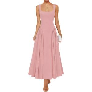 ZESICA Womens 2026 Summer Sleeveless Square Neck Sundress Casual Long Flowy A Line Beach Vacation Maxi Dresses(Greypink)