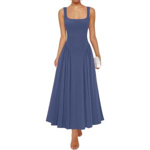 ZESICA Womens 2026 Summer Sleeveless Square Neck Sundress Casual Long Flowy A Line Beach Vacation Maxi Dresses(Navy)