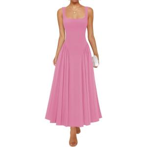 ZESICA Womens 2026 Summer Sleeveless Square Neck Sundress Casual Long Flowy A Line Beach Vacation Maxi Dresses(Pink)