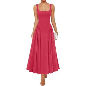 ZESICA Womens 2026 Summer Sleeveless Square Neck Sundress Casual Long Flowy A Line Beach Vacation Maxi Dresses(Watermelonred)