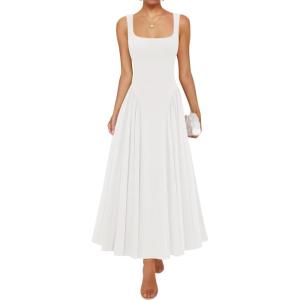 ZESICA Womens 2026 Summer Sleeveless Square Neck Sundress Casual Long Flowy A Line Beach Vacation Maxi Dresses(White)