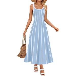 ZESICA Womens 2026 Summer Sleeveless Striped Midi Dresses Casual A Line Swing Knit Long Dress Beach Vacation Clothes(Blue)