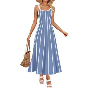 ZESICA Womens 2026 Summer Sleeveless Striped Midi Dresses Casual A Line Swing Knit Long Dress Beach Vacation Clothes(Dusty Blue)