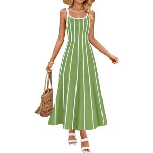 ZESICA Womens 2026 Summer Sleeveless Striped Midi Dresses Casual A Line Swing Knit Long Dress Beach Vacation Clothes(Light Green)