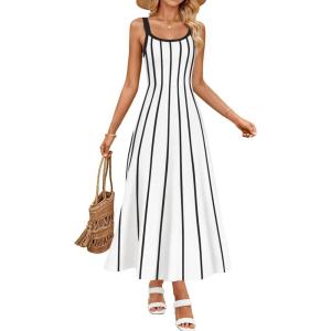 ZESICA Womens 2026 Summer Sleeveless Striped Midi Dresses Casual A Line Swing Knit Long Dress Beach Vacation Clothes(White)