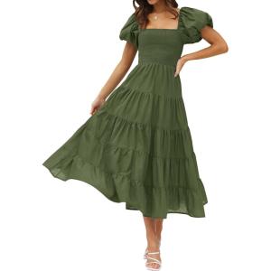 ZESICA Women’s 2026 Summer Square Neck Short Puff Sleeve Solid Color High Waist Casual Smocked Flowy A Line Tiered Midi Dress(Army Green)