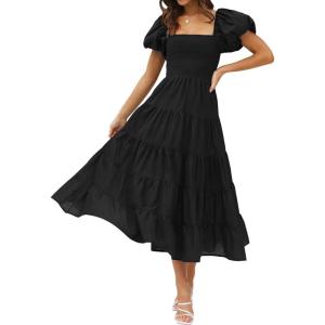 ZESICA Women’s 2026 Summer Square Neck Short Puff Sleeve Solid Color High Waist Casual Smocked Flowy A Line Tiered Midi Dress(Black)