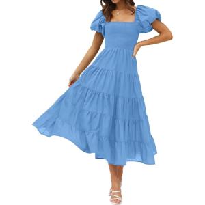 ZESICA Women’s 2026 Summer Square Neck Short Puff Sleeve Solid Color High Waist Casual Smocked Flowy A Line Tiered Midi Dress(Blue)