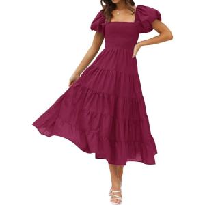 ZESICA Women’s 2026 Summer Square Neck Short Puff Sleeve Solid Color High Waist Casual Smocked Flowy A Line Tiered Midi Dress(Fuchsia)
