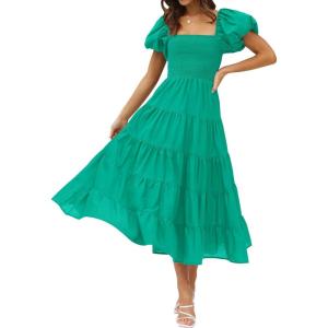 ZESICA Women’s 2026 Summer Square Neck Short Puff Sleeve Solid Color High Waist Casual Smocked Flowy A Line Tiered Midi Dress(Green)
