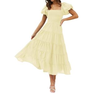 ZESICA Women’s 2026 Summer Square Neck Short Puff Sleeve Solid Color High Waist Casual Smocked Flowy A Line Tiered Midi Dress(Light Yellow)