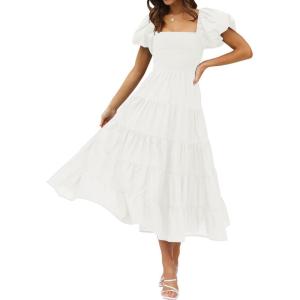 ZESICA Women’s 2026 Summer Square Neck Short Puff Sleeve Solid Color High Waist Casual Smocked Flowy A Line Tiered Midi Dress(White)