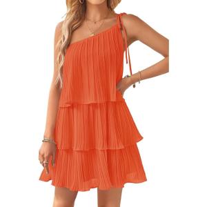 ZESICA Women’s Boho Summer One Shoulder Sleeveless Ruffle Tiered Layered Chiffon Pleated A Line Flowy Mini Dress(Orange)