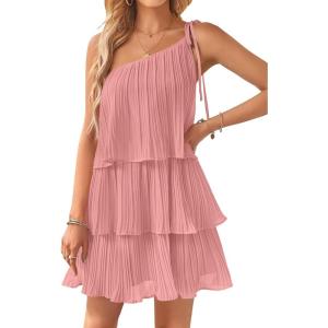 ZESICA Women’s Boho Summer One Shoulder Sleeveless Ruffle Tiered Layered Chiffon Pleated A Line Flowy Mini Dress(Pink)