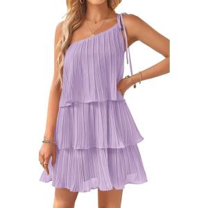 ZESICA Women’s Boho Summer One Shoulder Sleeveless Ruffle Tiered Layered Chiffon Pleated A Line Flowy Mini Dress(Purple)