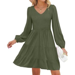 ZESICA Women’s Casual V Neck Long Sleeve Smocked High Waist Ruffle A Line Tiered Mini Dress(Armygreen)