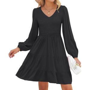 ZESICA Women’s Casual V Neck Long Sleeve Smocked High Waist Ruffle A Line Tiered Mini Dress(Black)
