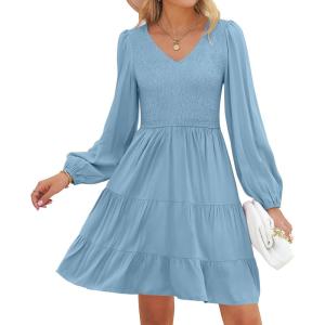 ZESICA Women’s Casual V Neck Long Sleeve Smocked High Waist Ruffle A Line Tiered Mini Dress(Blue)