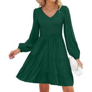 ZESICA Women’s Casual V Neck Long Sleeve Smocked High Waist Ruffle A Line Tiered Mini Dress(Darkgreen)