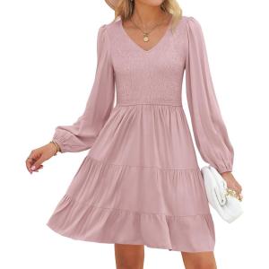 ZESICA Women’s Casual V Neck Long Sleeve Smocked High Waist Ruffle A Line Tiered Mini Dress(Darkpink)