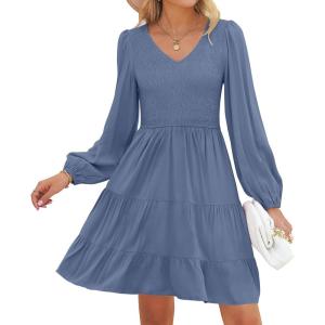 ZESICA Women’s Casual V Neck Long Sleeve Smocked High Waist Ruffle A Line Tiered Mini Dress(Dustyblue)